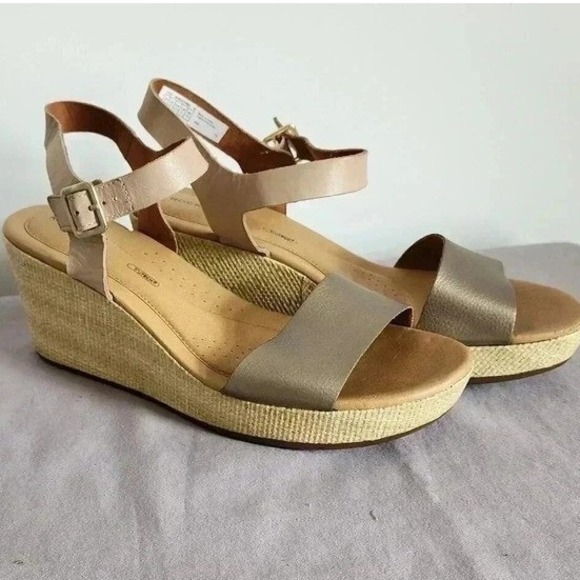Rockport Shoes - Rockport Sling Wedge Sandals Metallic Gold Beige Leather Womens 10